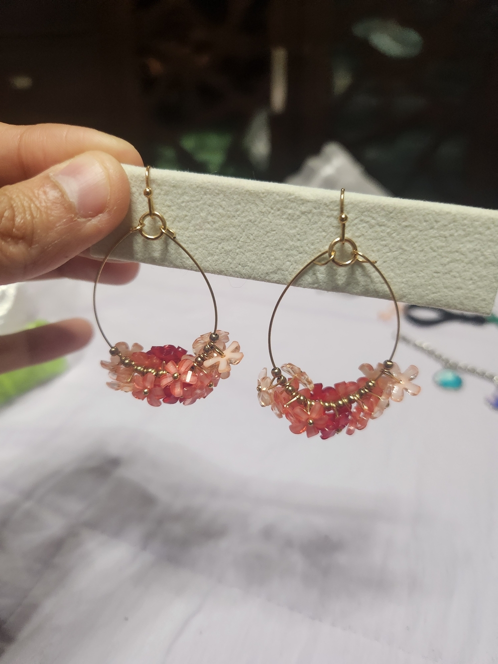 Gold Hoop Earrings with Coral Pink Flower Beads - Women Jewelry